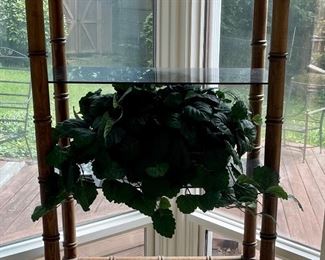 VINTAGE BAMBOO/RATTAN/GLASS SHELF UNIT, FAUX PLANTS