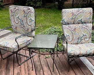 WROUGHT IRON PATIO CHAIRS W/CUSHIONS, WROUGHT IRON/GLASS TABLE