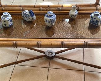 VINTAGE BAMBOO/RATTAN/GLASS COFFEE TABLE, BLUE/WHITE JARS/VASES