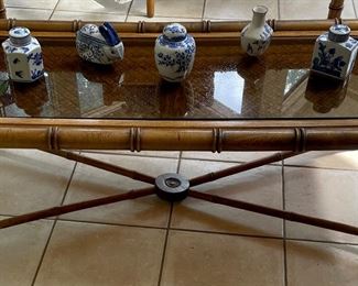 VINTAGE BAMBOO/RATTAN/GLASS COFFEE TABLE, BLUE/WHITE JARS/VASES