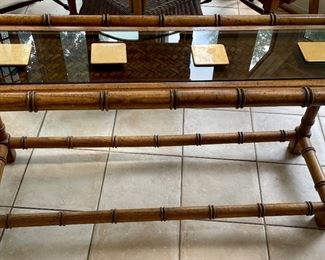 VINTAGE BAMBOO/RATTAN/GLASS CONSOLE TABLE 