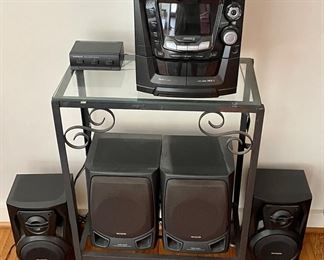 PANASONIC SOUND SYSTEM W/2 SPEAKERS, 2-AIWA SPEAKERS, METAL GLASS SHELF UNIT