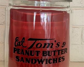 Vintage Tom’s Large Glass Cookie Canister with Embossed Handle Lid