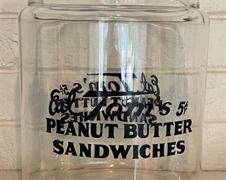 Vintage Tom’s Large Glass Cookie Canister with Embossed Handle Lid
