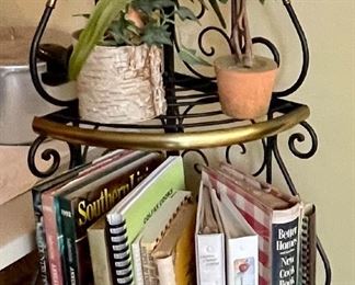 METAL CORNER SHELF UNIT, COOKBOOKS, FAUX FLORAL