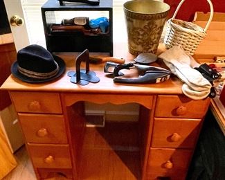 VINTAGE DESK , SHOE SHINE BOX, FEDORA, MISCELLANEOUS