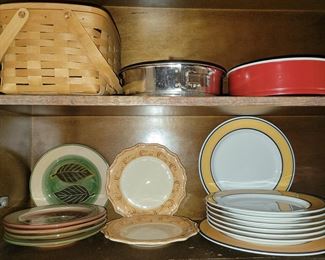 Dish sets, Longaberger lunch box and baking forms