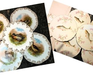 Antique China plates with fish and fowl