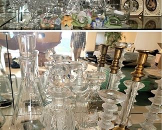 Crystal decanters, candle holders. Waterford stemware