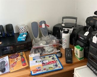 JVC Camcorder, boombox, various vintage rollerball mouse. 