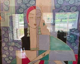 Beautiful silk collage, signed, large piece. 