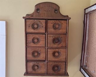 Vintage 8 drawer oak spice wall rack cabinet