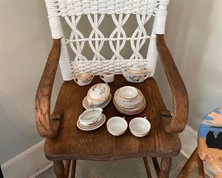 Stunning Antique Oak and White Wicker Highchair. Can be used as a toddler chair. No tray. 