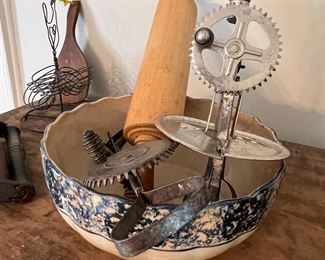 Vintage hand egg beaters, rolling pin