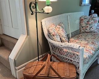 Green metal floor lamp, vintage baskets