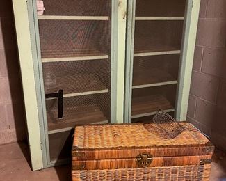 Another Pie Safe! Vintage painted green. Wicker trunk 