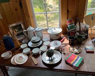 Vintage enamelware white and black, white and red, pot, coffee pots, plates, cups ....