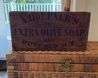A. Hoefners Extra Olive Soap Buffalo NY Vintage Wooden Crate & wicker trunk