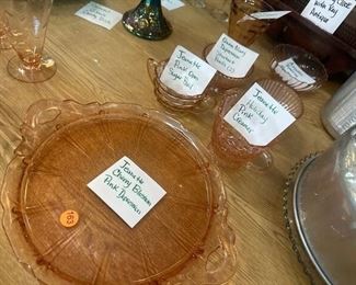 JEANETTE CHERRY BLOSSOM PINK DEPRESSION GLASS TRAY, ETC