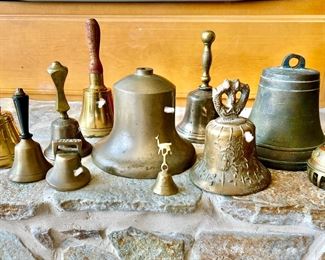 Vintage and antique brass bronze bells. School bells, railroad bells, Monastery antique bell, insurance co bell, Middle Eastern bell, Huge Swiss cow bell! 