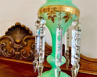 Pair of green mantle lusters with gold trim. 
