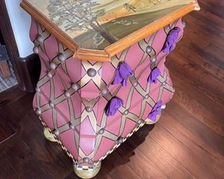 Mackenzie - Childs hand Painted Three drawer solid wood Table with decorative knobs and fabric 