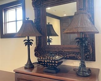 Tropical style table lamps with wicker shades 