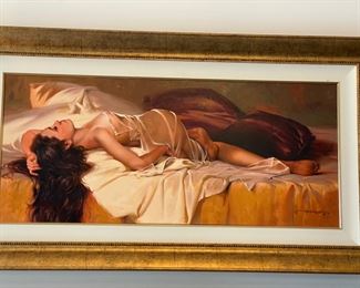 Gigle painting of woman in Bed in gold finish wood frame 
