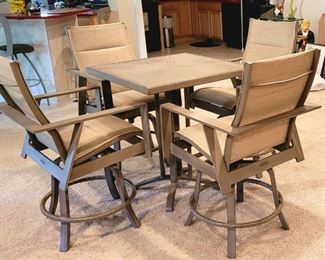 Patio CASTELLE Roma Sling Aluminum Dining Set.&nbsp; set includes&nbsp; 4 Cast Aluminum Swivel Rocker&nbsp;Chairs, 1 Square Tall boy
