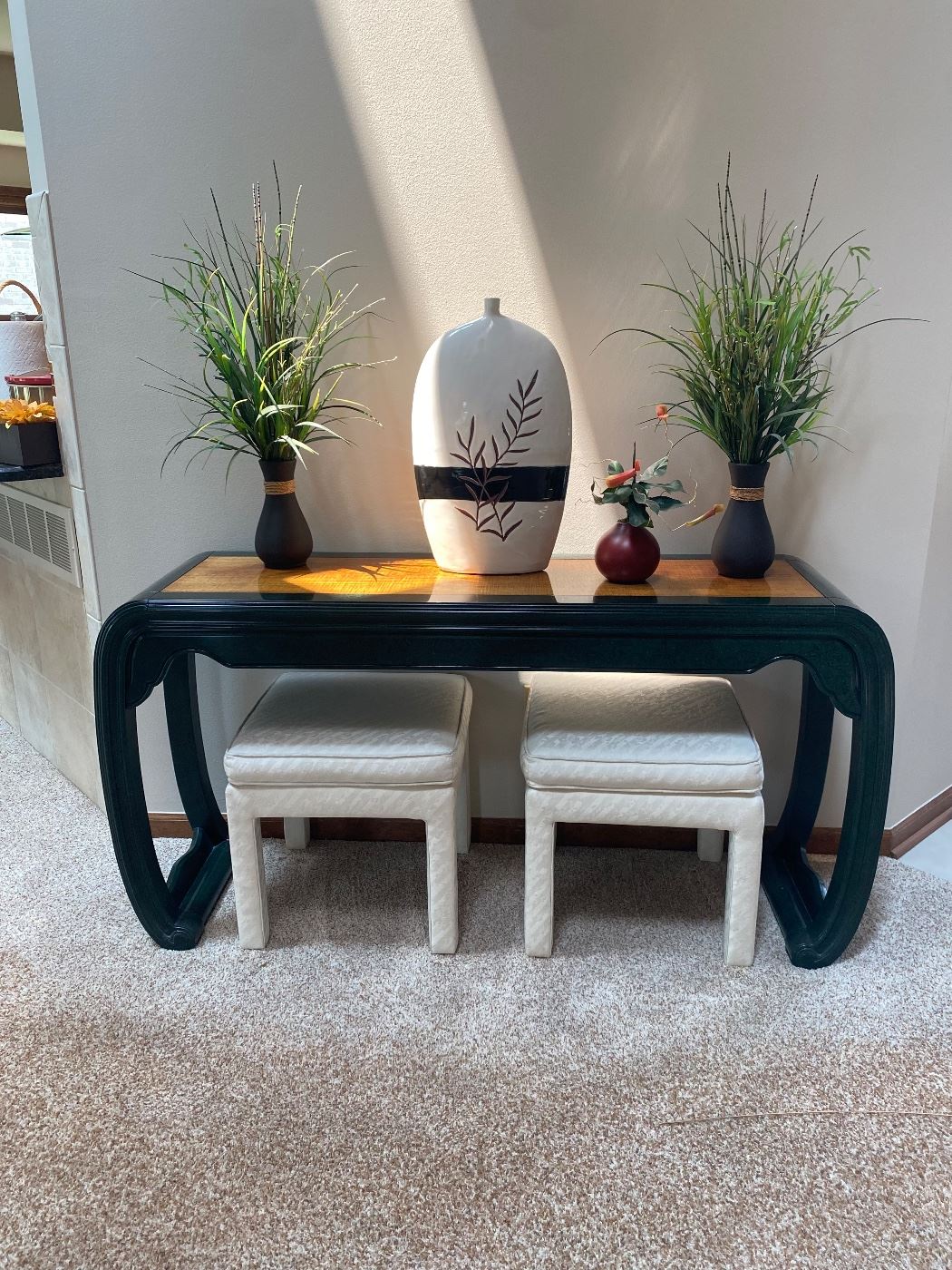 Henredon Furniture Hunter Green & Walnut Asian Chinoiserie 58" Accent Console / Sofa Table 