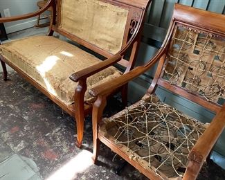 Antique late 1800s wood frame upholstered armchair and loveseat (ready for upholstery and recently renovated) 