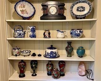 Antique Cloisonné Vases and Jars, Flow blue Pitchers and Teapot, Domed cake plate, more….