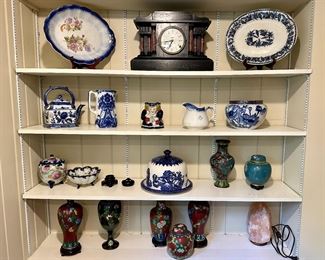 Cloisonné Vases and Jars, Flowblue Pitchers and Teapot.