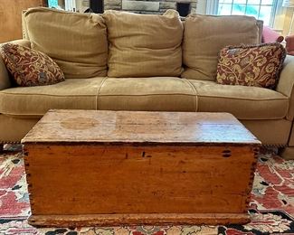 Primitive chest used as Coffee Table and super comfortable vintage down sofa