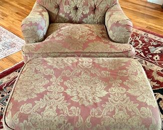 This is a very well-worn chair and ottoman by Henredon - it’s got great bones, and you sit in it and think you died and went to Heaven!