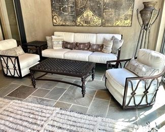 Sun porch furniture by Tommy Bahama- sofa, two swivel arm chairs, side table, coffee table