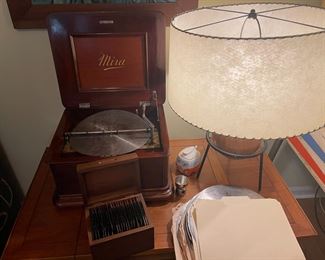 Antique Mira music box and MCM Albert Blake wooden sphere and iron cowboy lamp!