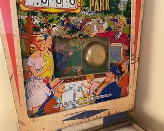 1966 Gottlieb Central Park pinball machine. No key. Game colors and glass colors look great. This machine is known to be highly sought after for its great theme, fun play, and really unique mechanical back glass. Every 100 points the monkey should ring the bell in the backglass!