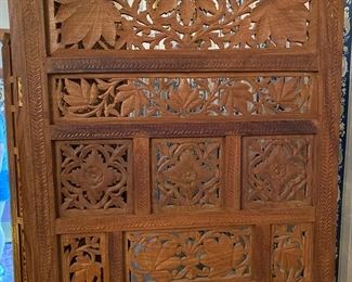 F5 - $450. 4 panel room divider / decorative screen. Teak? Each Panel measures 20.5" wide x 69" tall. 