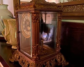 D4 $275. Waterbury Mantle Clock. 4 sided glass case. Measures 8.5" square at base x 13.5" tall. Beautiful statement piece!