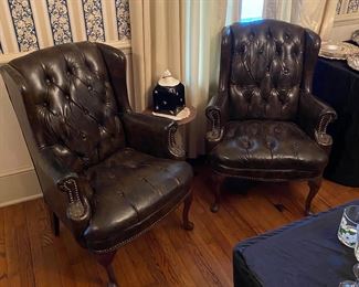 F11 - $60 each. Faux leather chairs in good vintage condition. They each have a few cracks. Measures 28.5" wide. Floor to seat is 17". Floor to top of back is 38". 