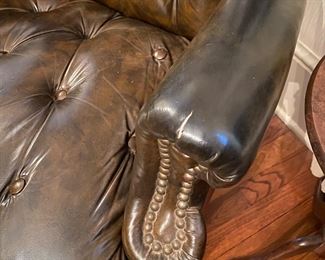 F11 - $60 each. Faux leather chairs in good vintage condition. They each have a few cracks. Measures 28.5" wide. Floor to seat is 17". Floor to top of back is 38". 