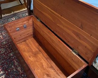 F15 - $40 trunk. Measures 46" long x 20" deep x 22.5" tall. Solid wood. 