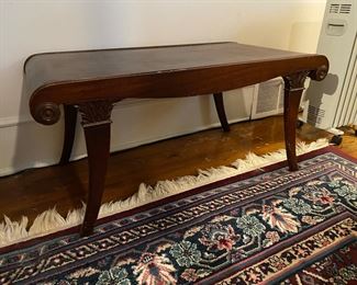 F17 - $40. Leather topped bench. Measures 36" long x 19" wide x 16.5" tall. 