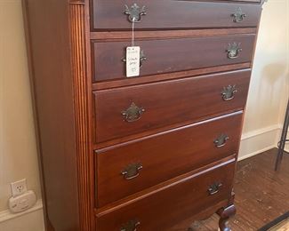 F20 - $125 5 drawer dresser solid wood. Measures 34" wide x 20" deep x 49" tall. 