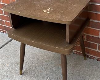MCM Wood And Veneer Brass Peg Leg Side Table With Laminate Finish (as Is)