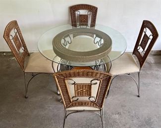 Round Glass Top Ratan And Metal Base Dining Table With 4 Matching Chairs