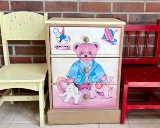 Vintage 3 Drawer Children's Dresser With (2) Miniature Chairs (as Is)