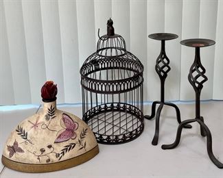Metal Hanging Bird Cage, Butterfly Pottery Bottle With Art Glass Top, And (2) Wrought Iron Candle Holders