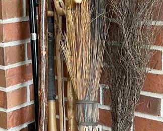 Antique Crock With A Solid Hickory Walking Stick, Rainbow Cane, Brooms, And Vintage Bat